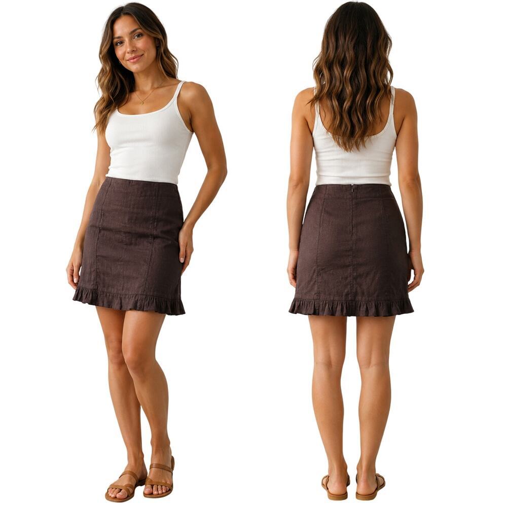 Bebe sz 10 chocolate brown frill bottom pencil skirt career business linen blend